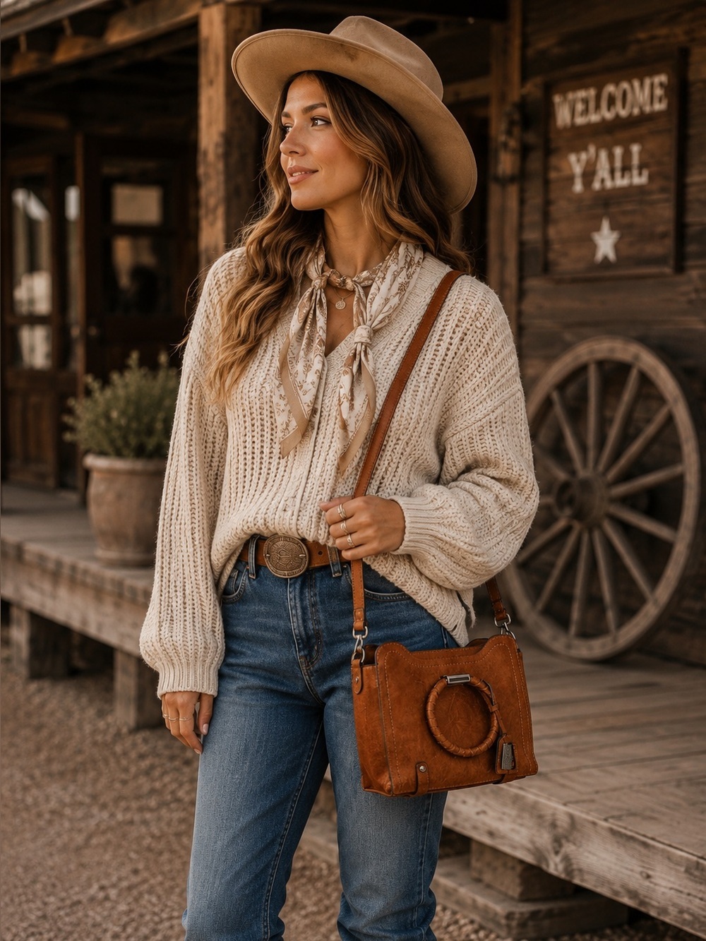 Cognac Faux Leather Circle Handle Crossbody Purse